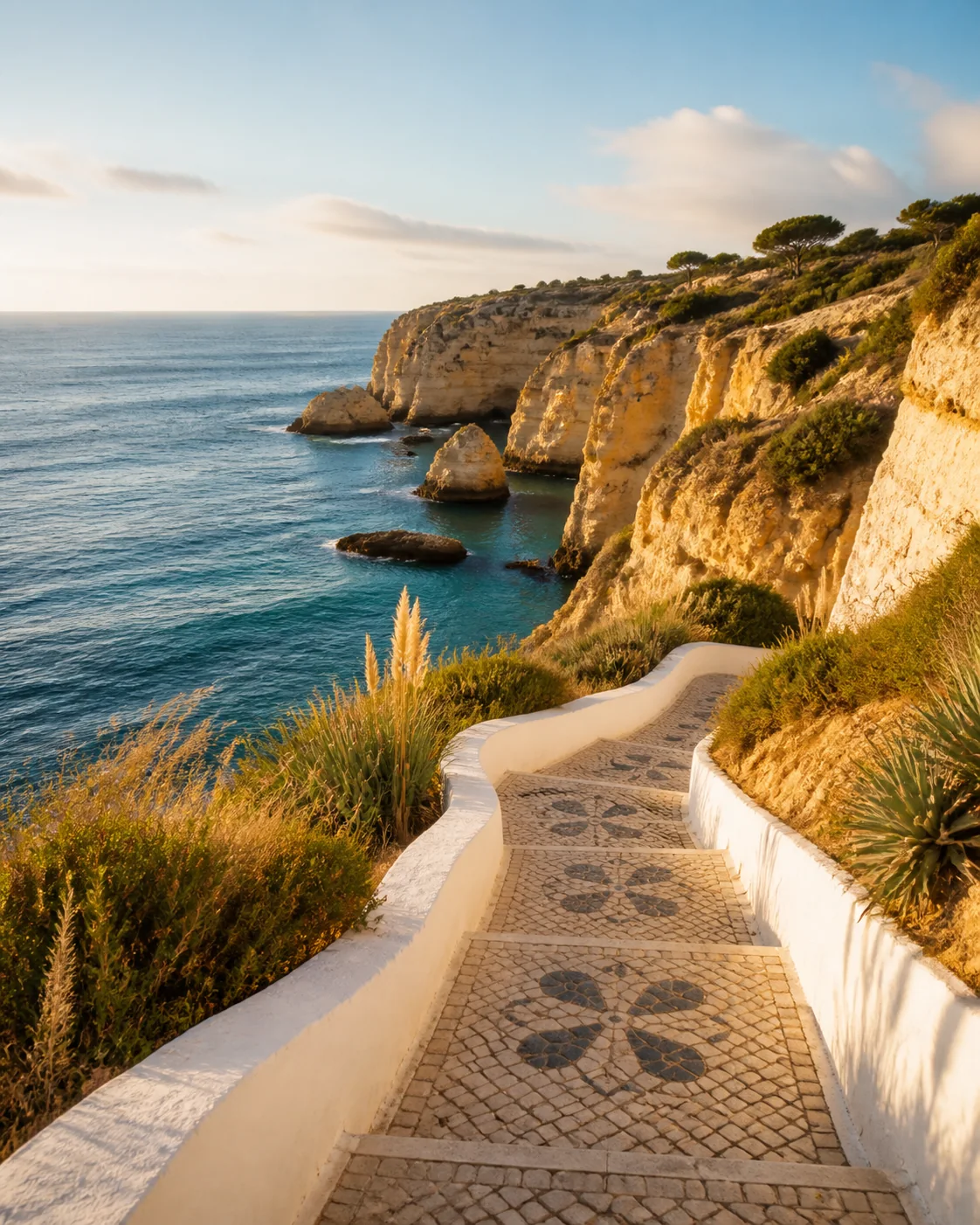 Golden Algarve cliffs above calm Atlantic water