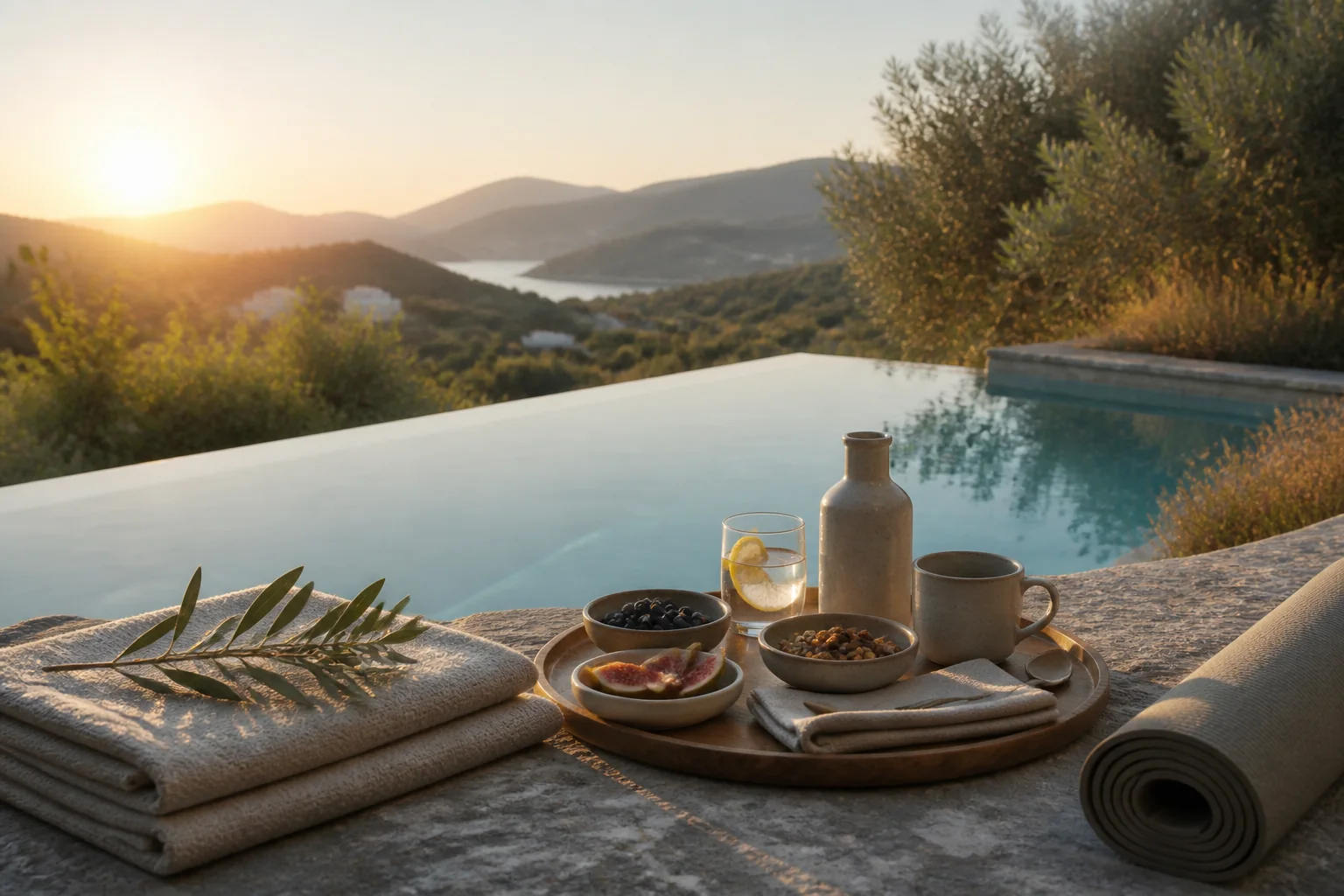 Sunlit wellness terrace at a restored Andalusian finca