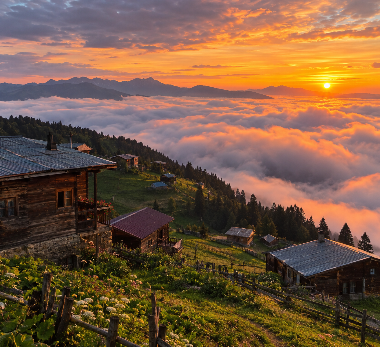 Traditional timber mountain houses standing above a sea of clouds at sunset in Pokut Plateau, Rize, Turkey.